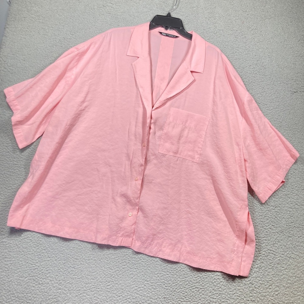 Zara Button Shirt Womens XXL Pink Oversized Modal Blend Short Sleeve Boxy